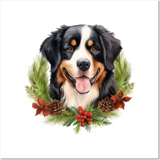 Christmas Bernese Mountain Dog Wreath Posters and Art